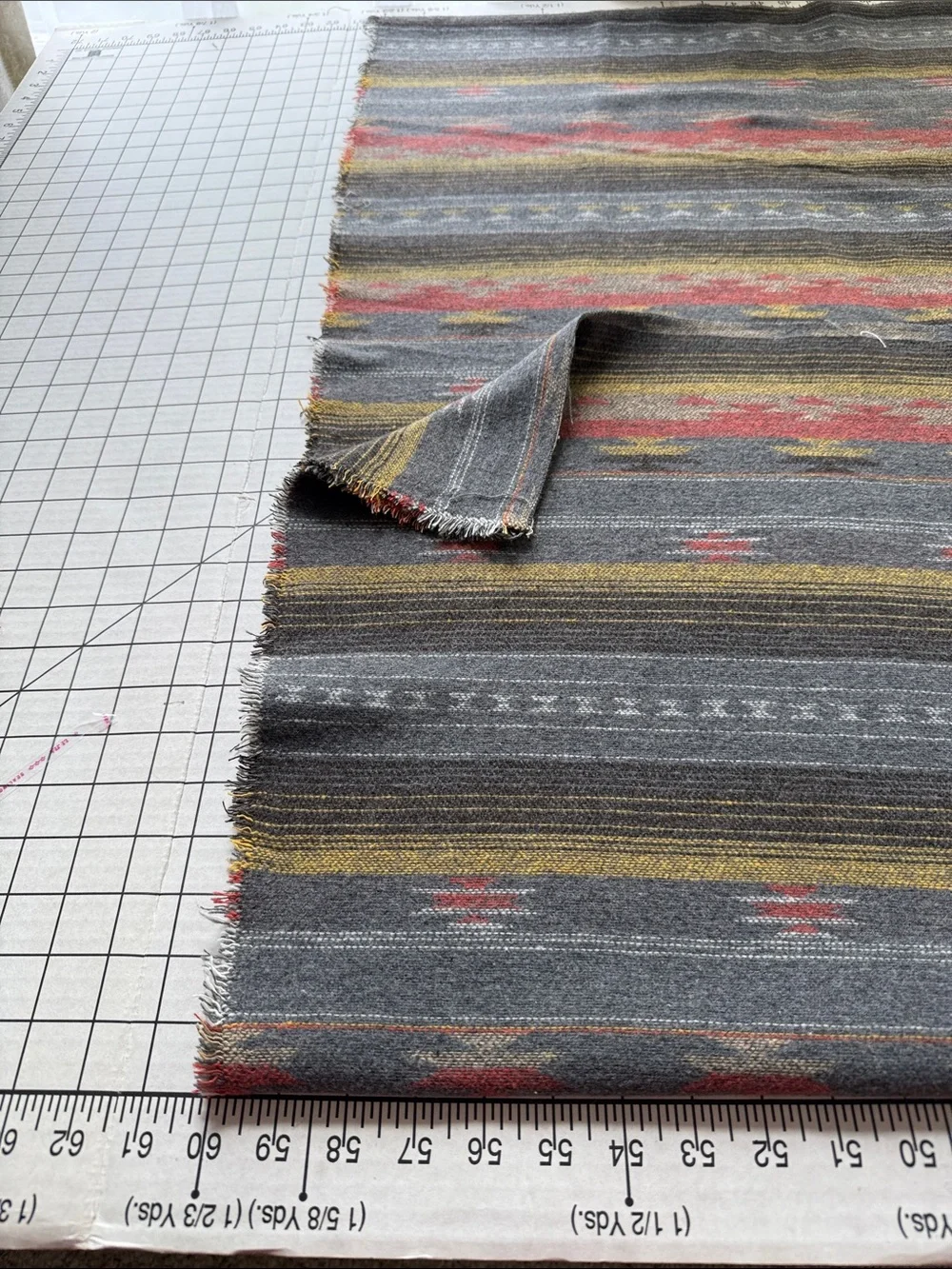 Vintage Wool Southwest Stripe Blanket Fabric 1⅝ Yards x 90” Charcoal Rust Gold